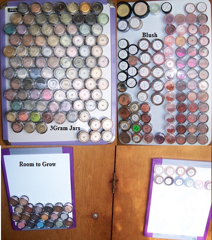 That's 95 3g jars, not including anything that i lost (i lost the color &quot;surprise&quot; during a move once) and including any regular products that happen to come in a 3g jar (coal, intergalactic, etc)<br />The blush board has at least a sample of every powdered SN blush ever released (i count 49). I have all the cream blushes too, they're just not on that board.
